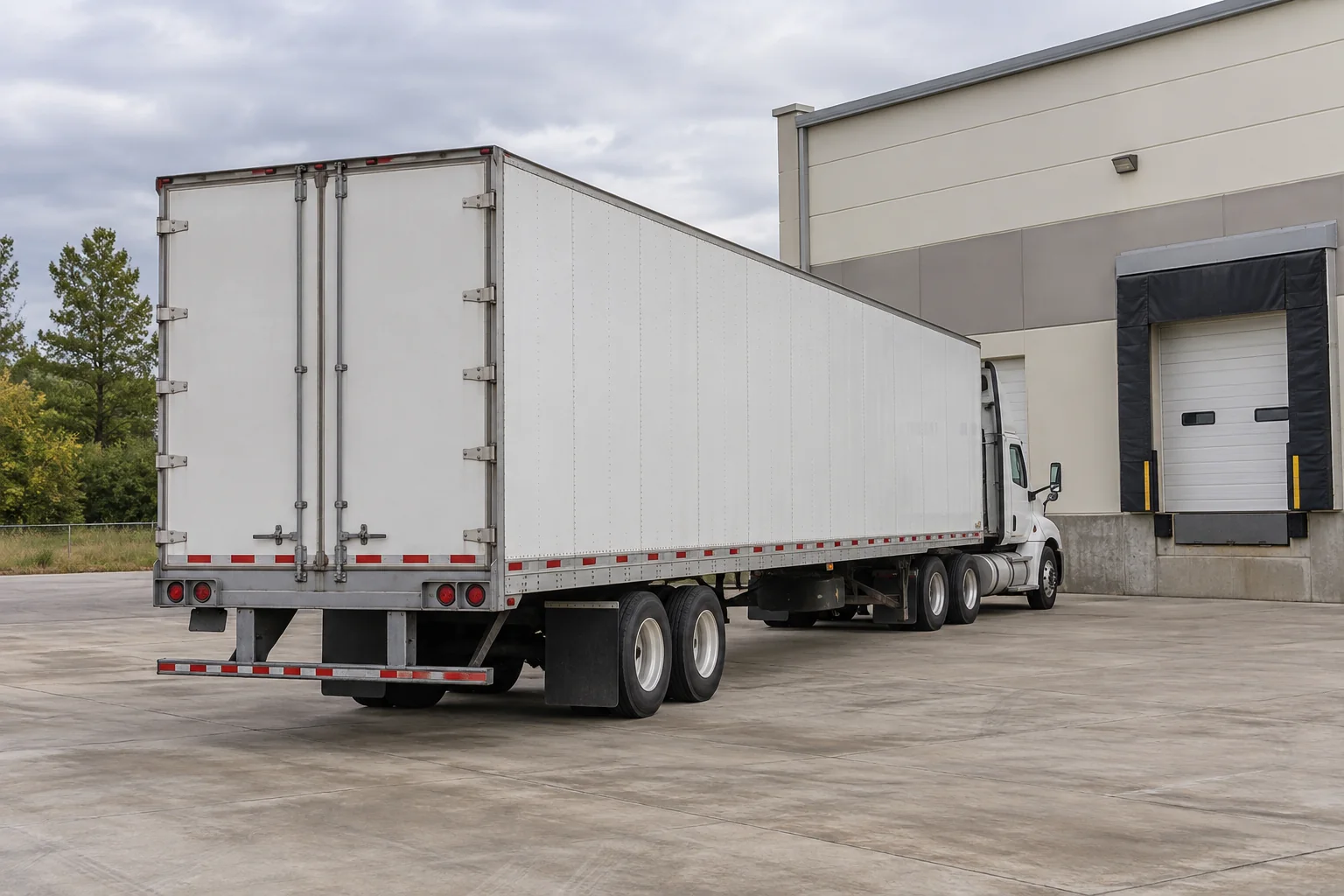 Generic white truck and trailer beside a Midwestern industrial loading dock