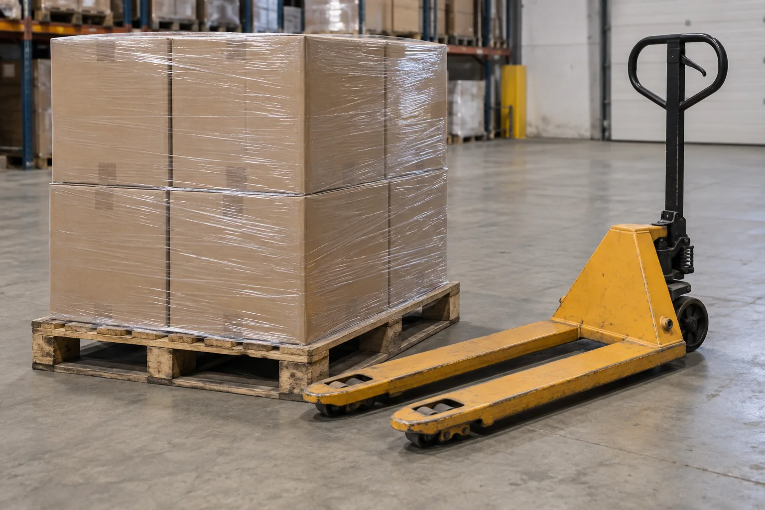 Plain palletized cartons and a manual pallet jack in a generic warehouse